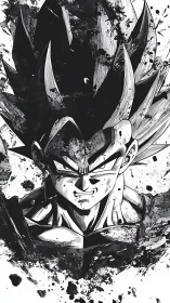 Saiyan warrior portrait explodes through ink splatter contrast