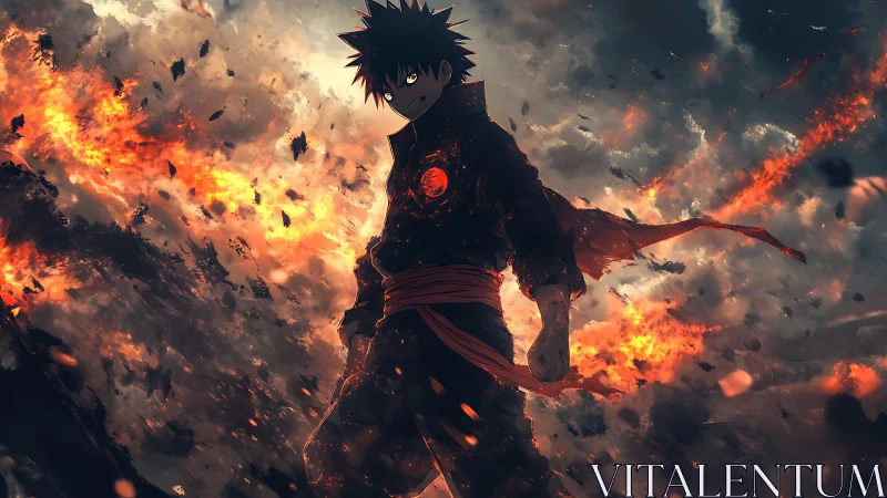 Storm-eyed fire warrior stalking through a shattered sky.