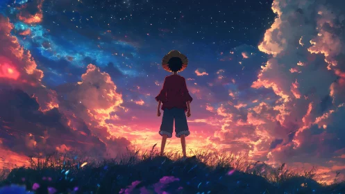 Silhouetted wanderer beneath cosmic sunset sky panorama.