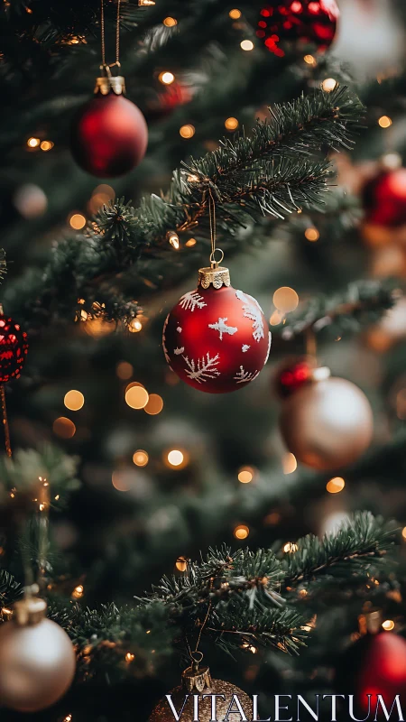 Red and gold baubles hang on a lit Christmas tree branch