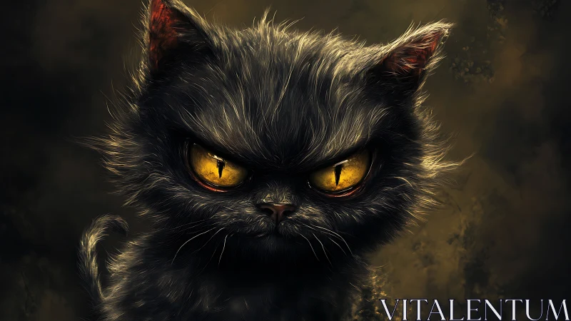 Dark fluffy cat portrait with intense yellow eyes.