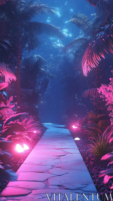 Neon lit tropical pathway under dense palm canopy at night.