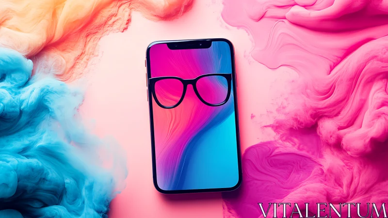 Colorful smartphone with glasses icon amid swirling clouds.
