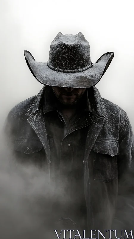 Brooding cowboy stands in quiet fog with rugged resolve