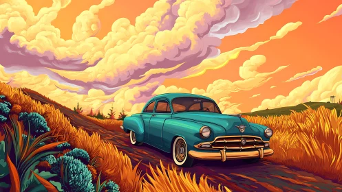 Vintage teal car glides through golden fields at sunset