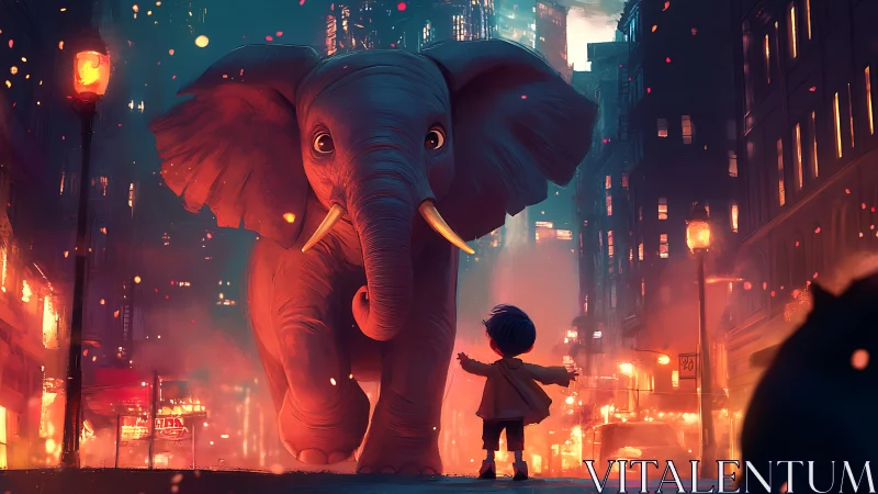 Midnight city elephant meets fearless child in neon hush.