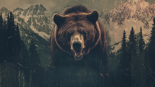 Mighty mountain bear strides forward in a wild forest realm