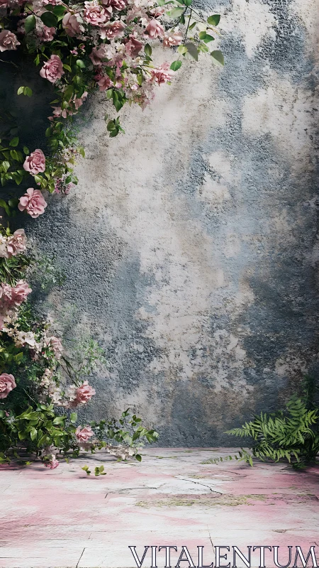 Soft pink garden corner against weathered pastel wall.