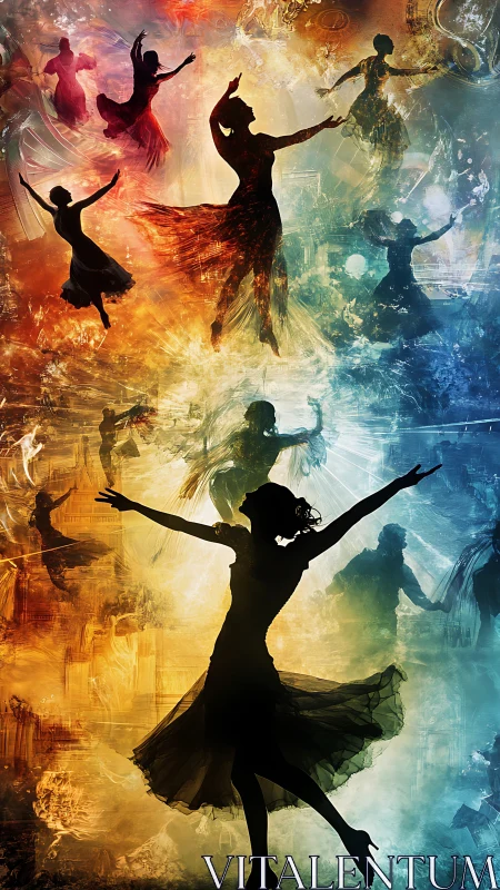 Silhouetted dancers are arranged against divided color fields