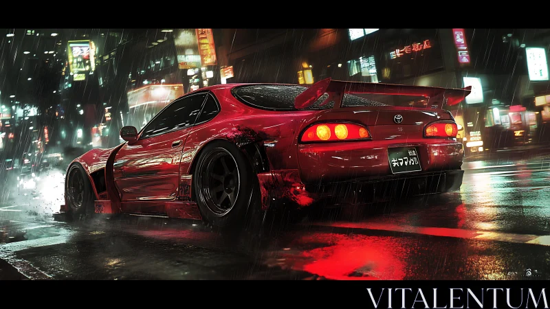 Modified red sports coupe on wet neon city street at night.