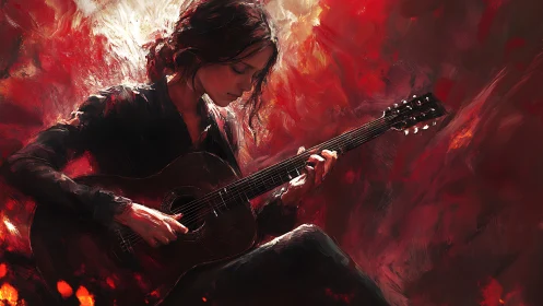 Woman playing acoustic guitar in vivid red brushstrokes.