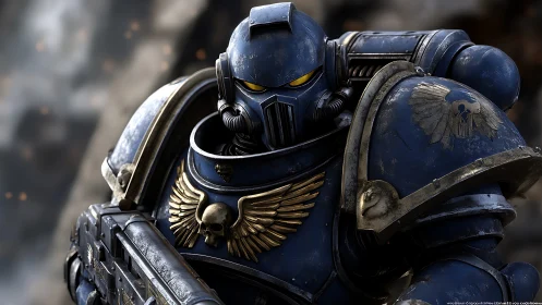 Armored space warrior pauses in battle with steady resolve