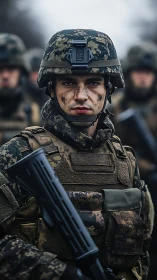 Soldier in camouflage gear with rifle during field drill.