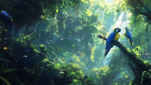 Blue and yellow macaws on mossy branch in dense rainforest.