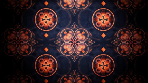 Luminous copper rosettes in geometric symmetry over midnight field.