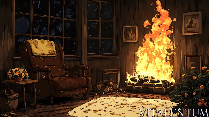 Cozy Study Consumed by Roaring Fireplace Flames.