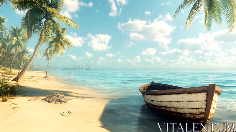 Weathered Fishing Vessel on Turquoise Waters with Coconut Palm Shoreline.