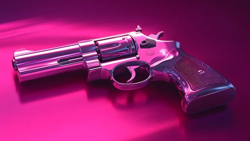 Rendered metallic revolver lies under uniform magenta lighting