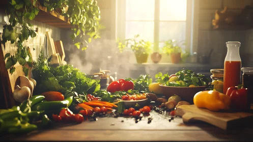 Sunlit rustic kitchen celebrates fresh colorful vegetables