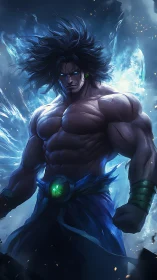 Hyper-muscular energy warrior radiates blue plasma aura and power