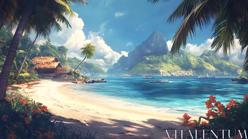 Tropical Paradise Cove With Mountain Backdrop.