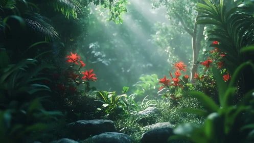 Crimson Blooms Emerge From Enchanted Forest Mist.