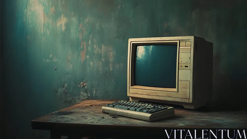 Vintage beige computer decays on worn wooden desk.