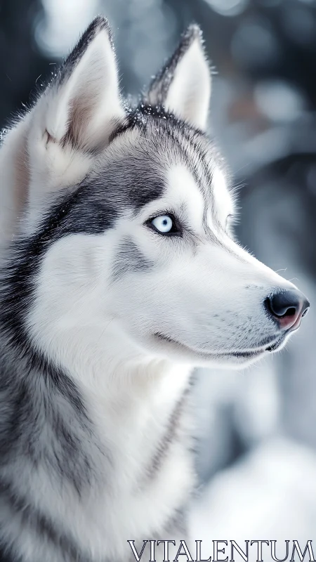 Ice-eyed husky gazes forward like a quiet northern comet