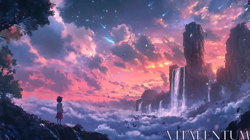 Solitary child studies sky over cascading cloud waterfalls