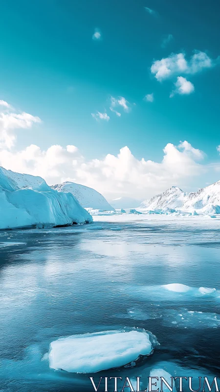 Glacial fjord under cyan sky with drifting sea ice.