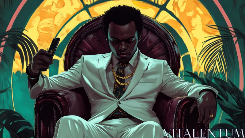 Man in white suit sits in armchair holding smartphone