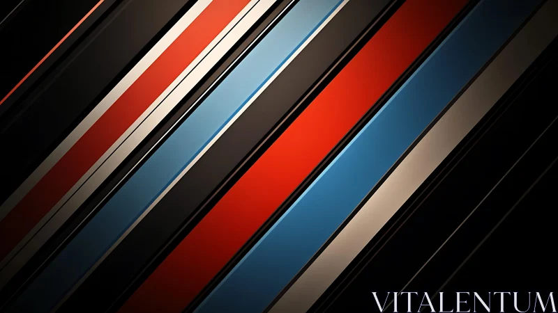 Bold diagonal stripes in red, blue, and black abstract style.