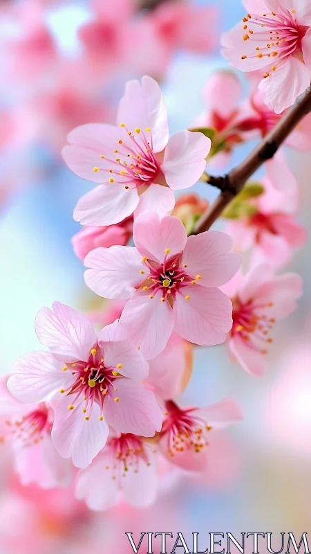 Pink cherry blossoms on branch against blurred background.