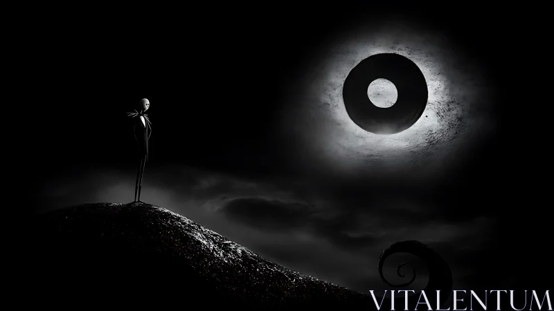 Skeleton figure stands on curled hill under circular moon