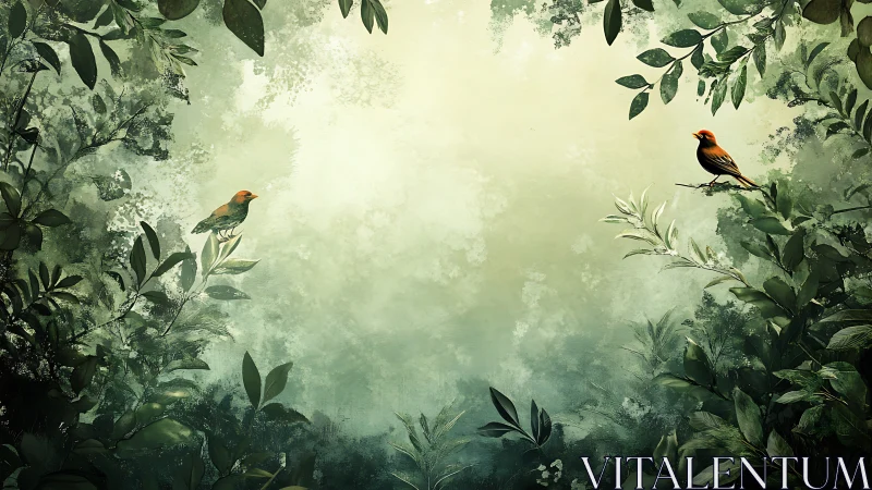 Whispered canopy duet of red-breasted songbirds in green hush.