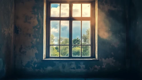 Sunlit window frames tranquil green landscape view.