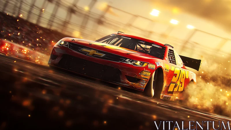 Flaming turn: red stock car storms through golden sparks.