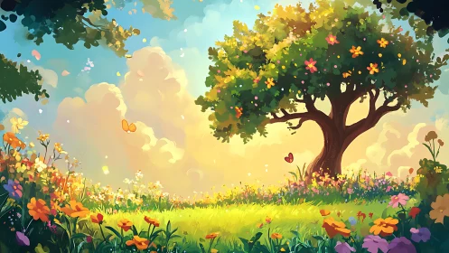 Sunlit flowering tree in lush meadow under glowing clouds