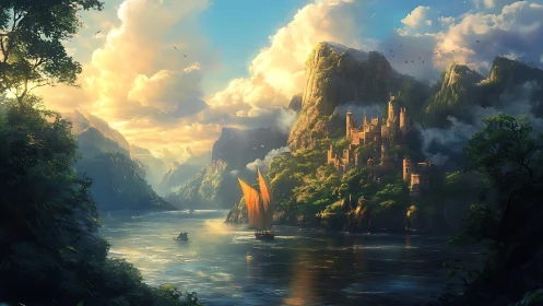 River valley landscape includes fortified city and sailboat