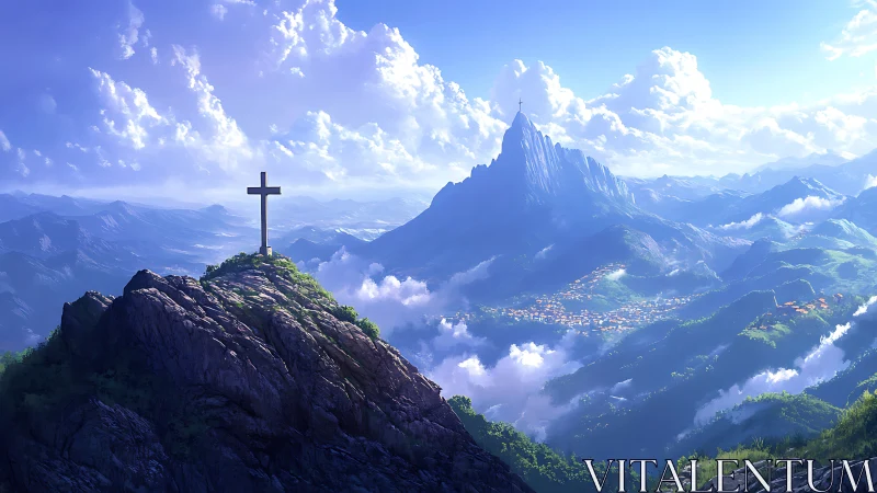 Sky-bathed mountain cross above a dreamlit valley kingdom.