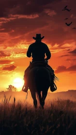Silhouetted cowboy on horseback against orange sunset sky.