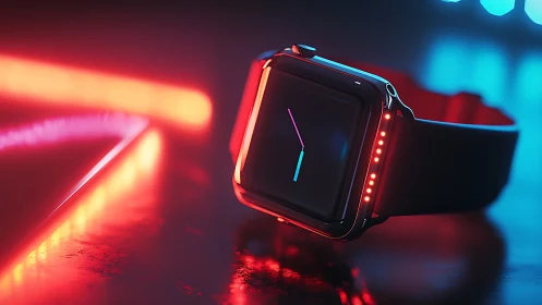 Smartwatch lies on reflective surface under neon lighting