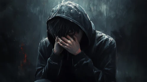 Quiet moment of sorrow in a rain-soaked hooded night.