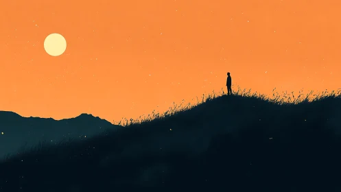 Quiet silhouette on a hill beneath a soft ember sky.