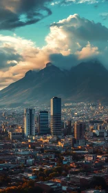 Sunlit skyline rises beneath dramatic storm-lit mountains
