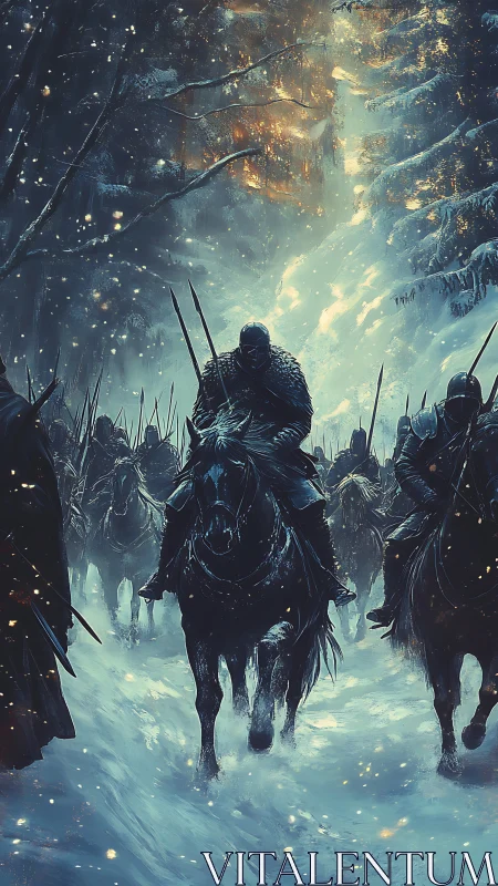 Armored cavalry column crossing snowbound conifer forest at dawn