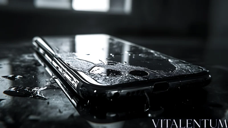 Sleek smartphone resting in glistening water on dark surface.