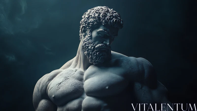 Marble titan bust under moody cinematic side lighting.