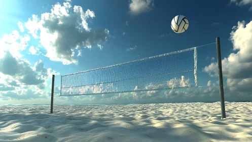 Sunny beach volleyball court waits under bright open skies