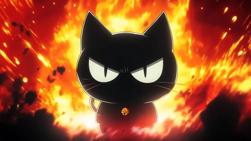 Explosive silhouette of a defiant black cartoon cat warrior.